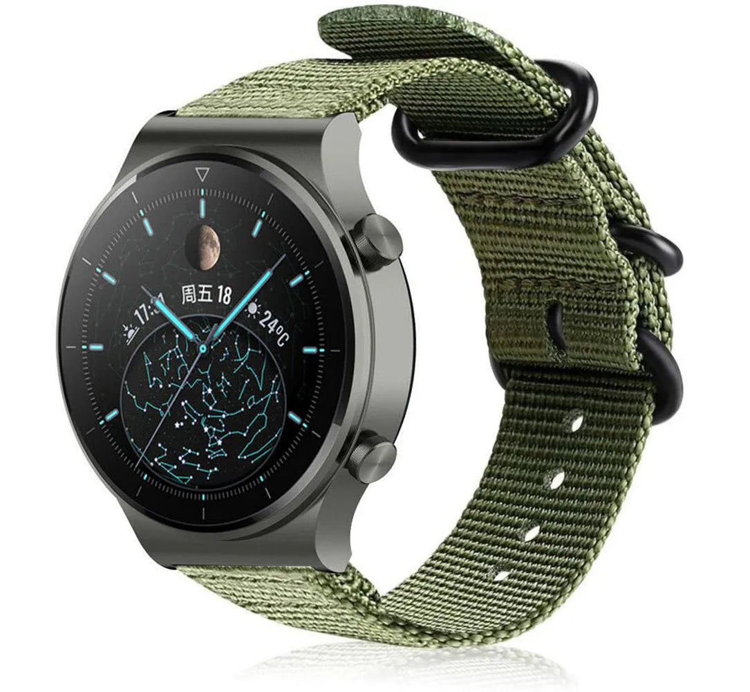 Nylon Buckle Strap, green, on a watch, 3/4 front view