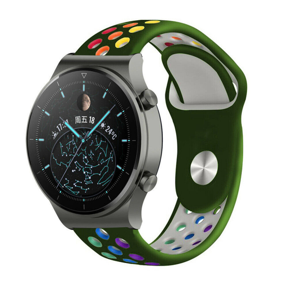 Silicone Sport Strap, army green/colourful, on a watch, 3/4 front view