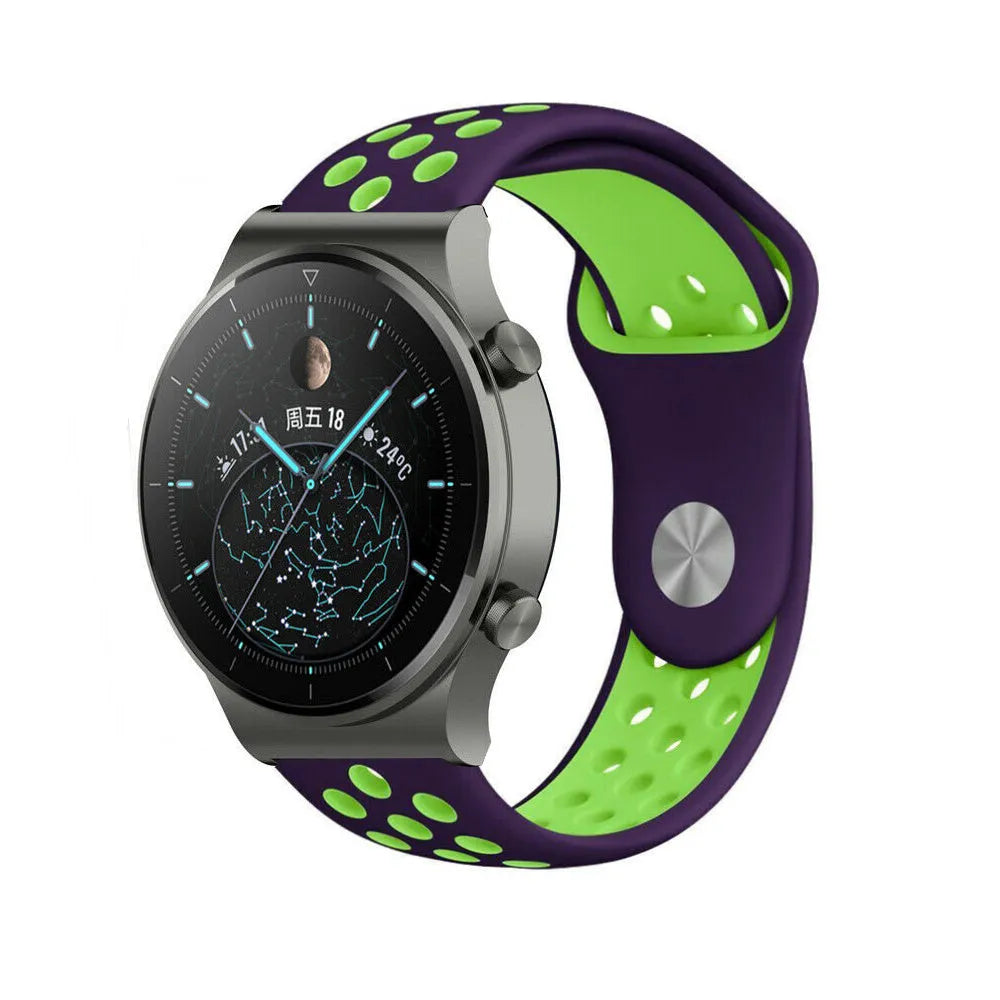 Silicone Sport Strap, purple/green, on a watch, 3/4 front view