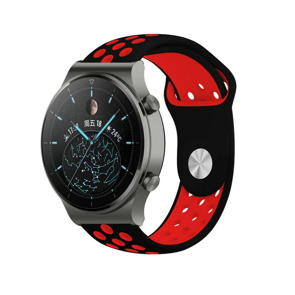 Silicone Sport Strap, black/red, on a watch, 3/4 front view