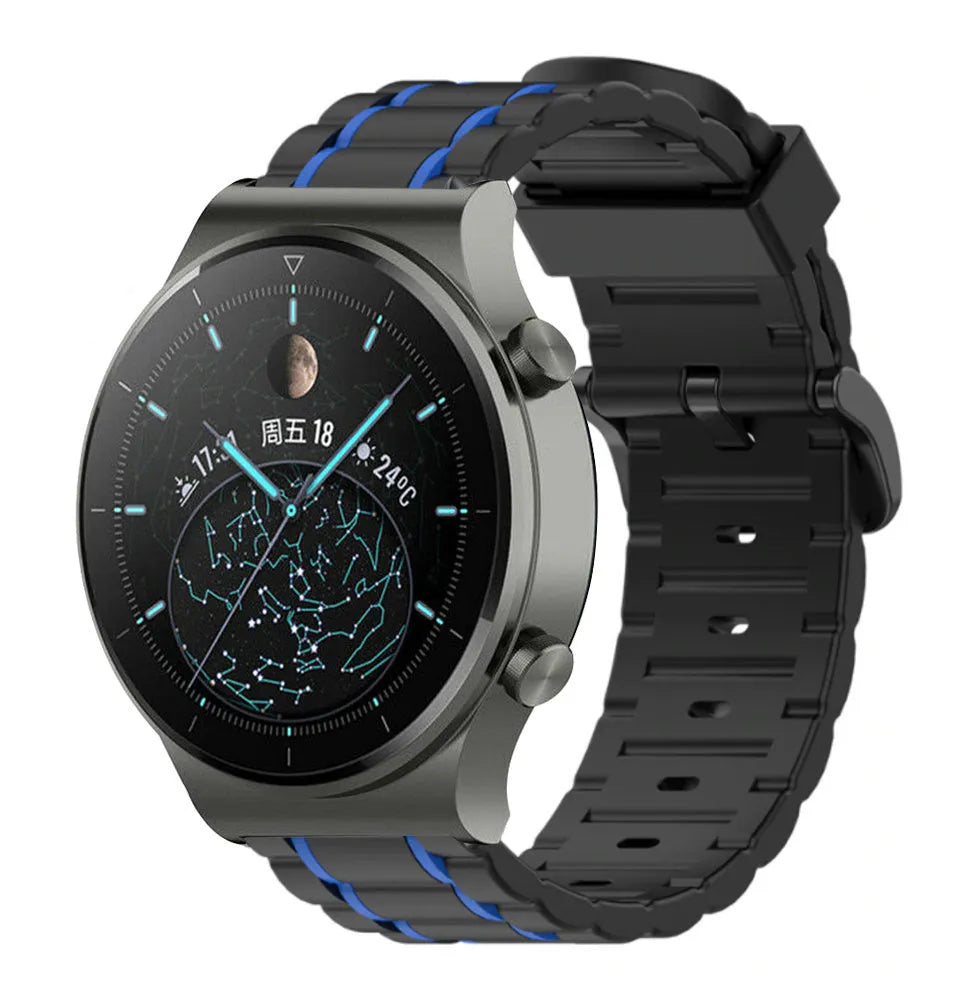 Silicone Sport Strap with Buckle, black/blue, on a watch, 3/4 front view