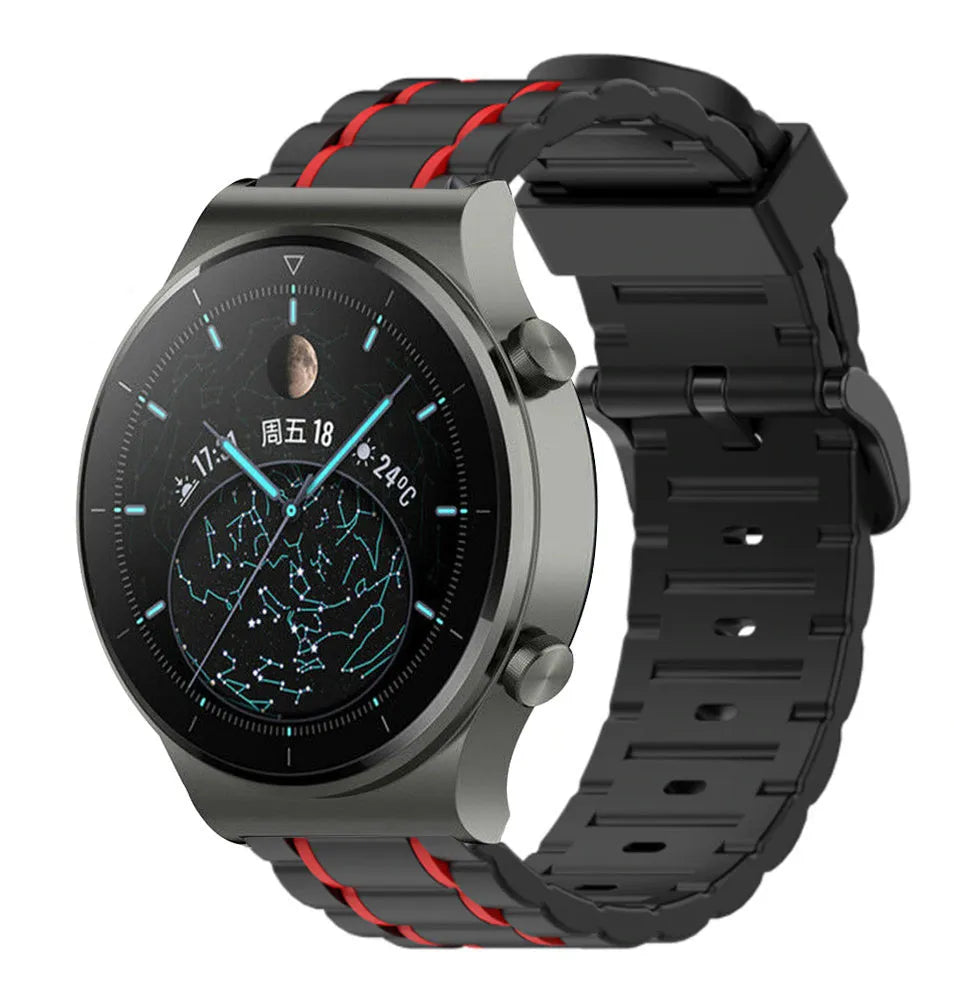 Silicone Sport Strap with Buckle, black/red, on a watch, 3/4 front view
