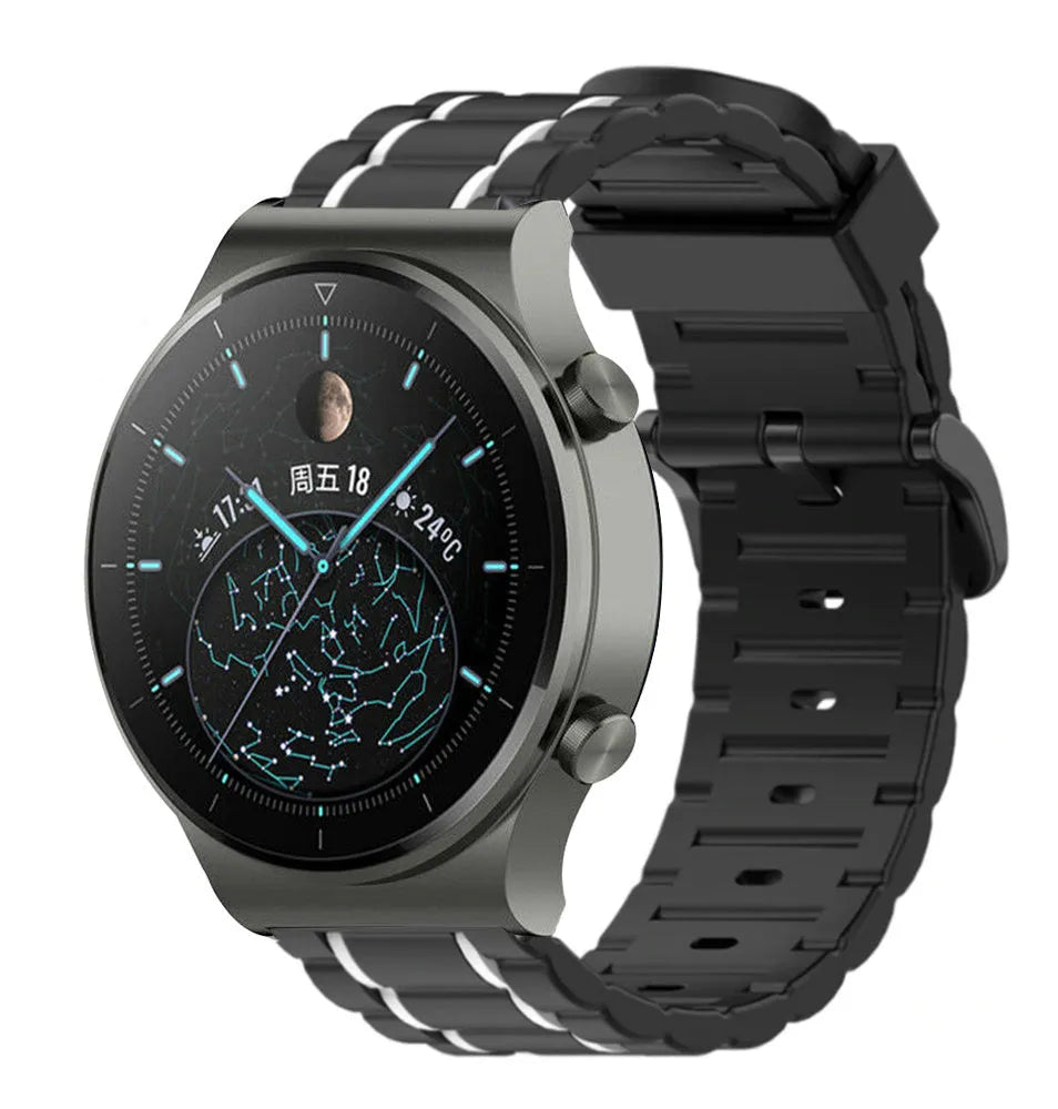 Silicone Sport Strap with Buckle, black/white, on a watch, 3/4 front view