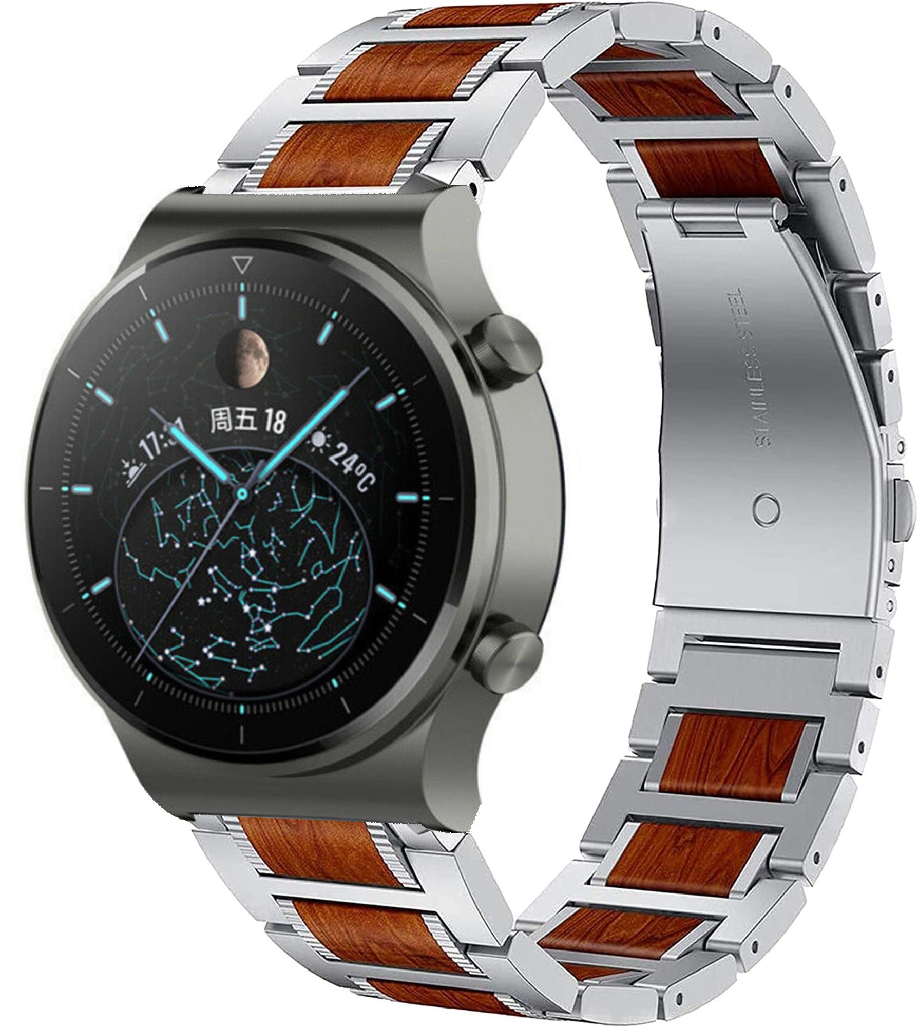 Wood Steel Strap, silver, on a watch, 3/4 front view
