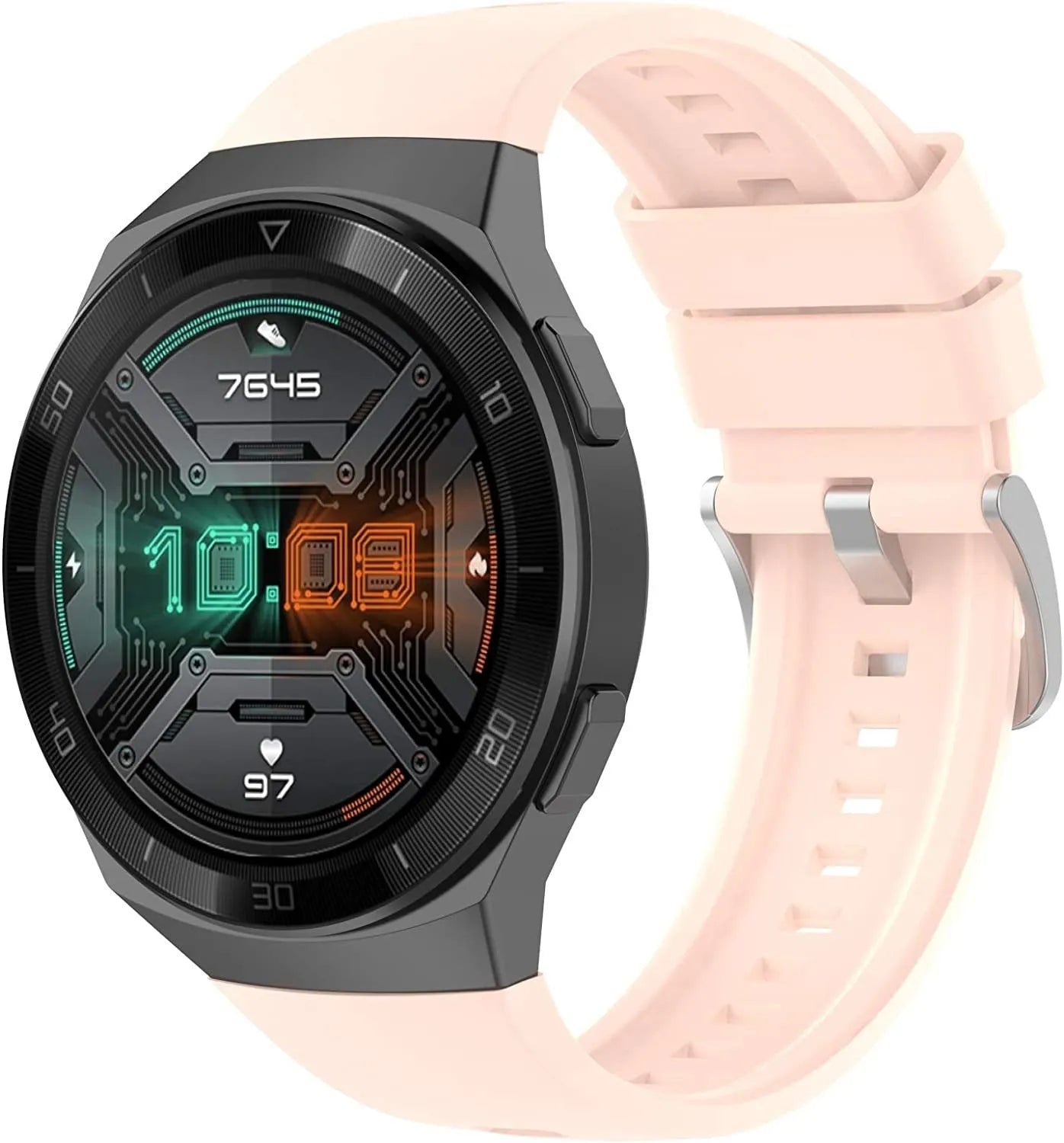 Silicone Strap, light pink, on a watch, 3/4 front view