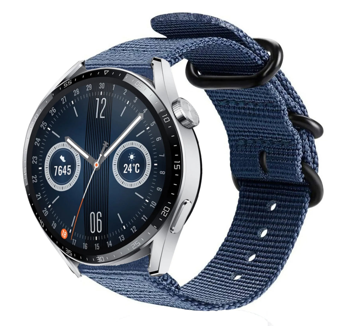Nylon Buckle Strap, blue, on a watch, 3/4 front view