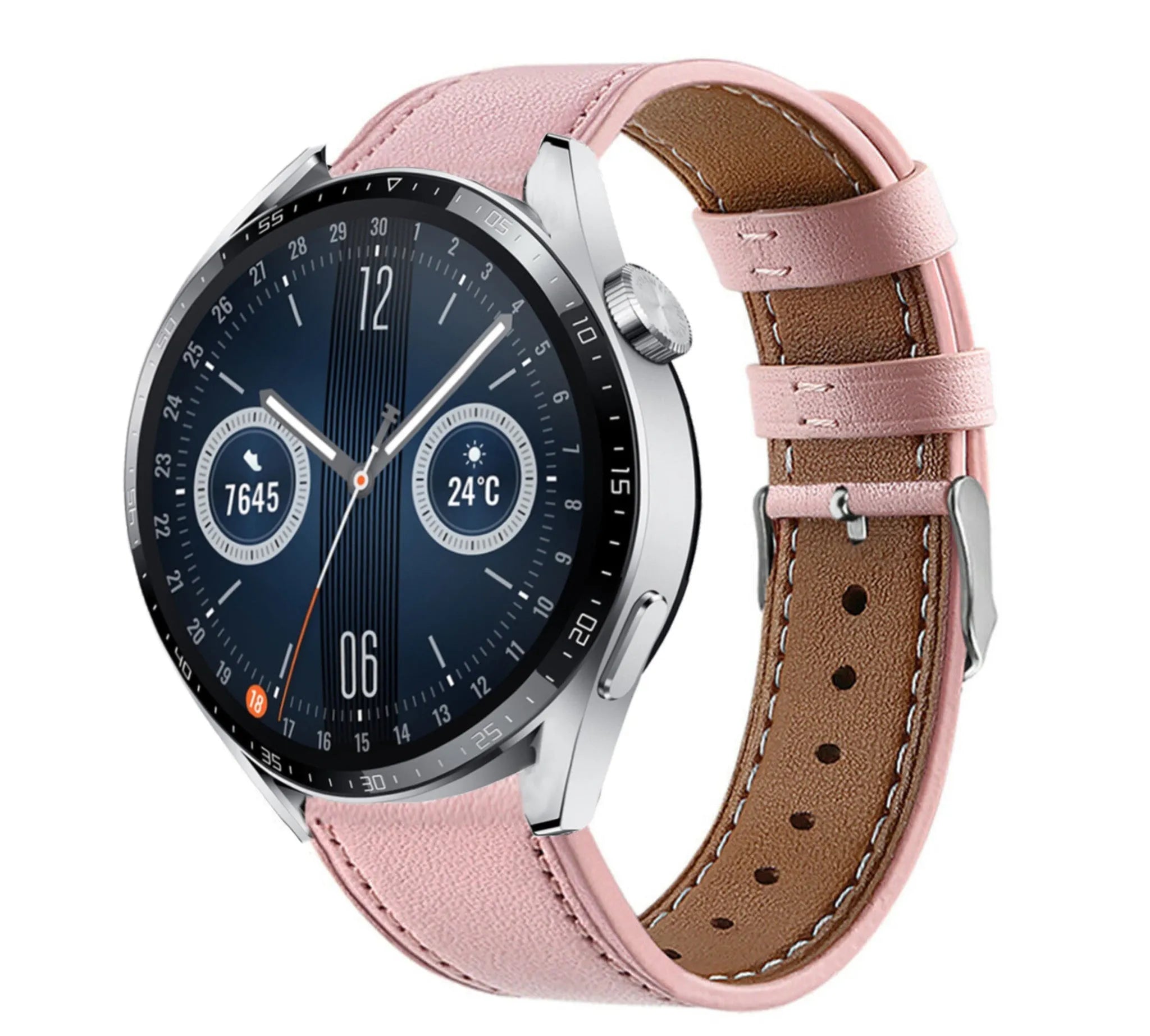 Modern Leather Strap, pink, on a watch, 3/4 front view