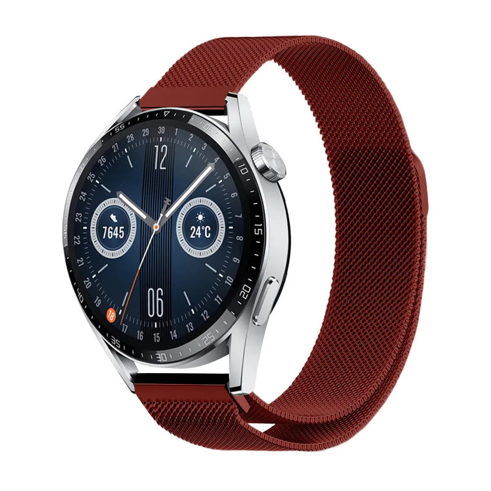 Milanese Strap, red, on a watch, 3/4 front view