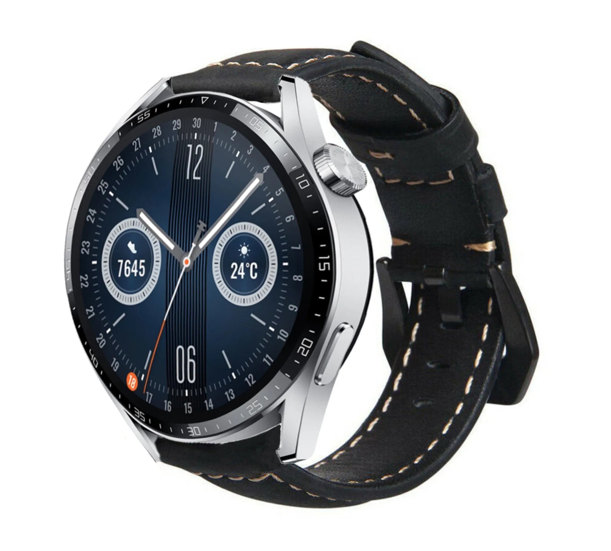 Leather Strap, black, on a watch, 3/4 front view