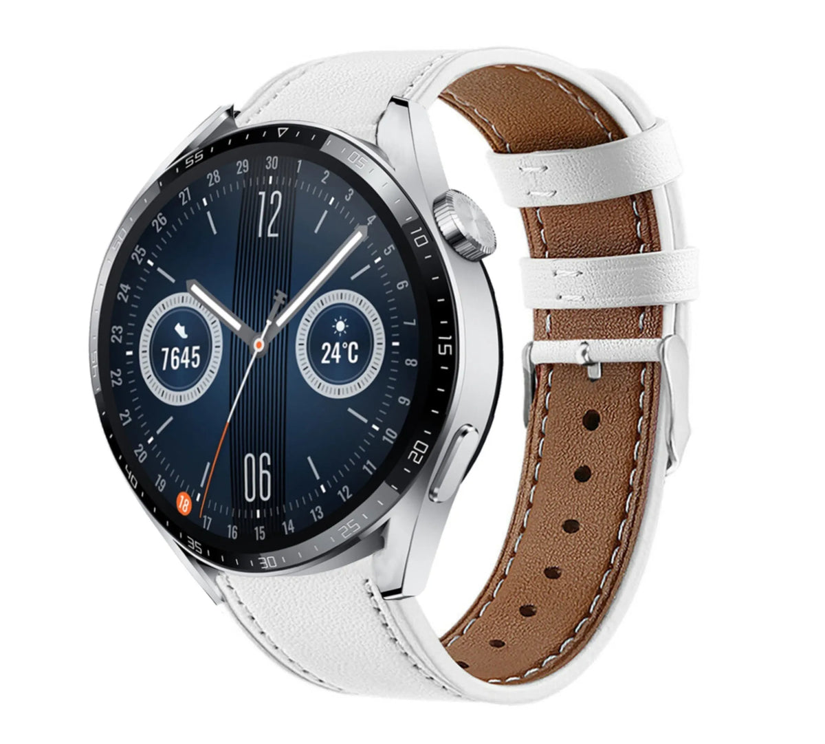 Modern Leather Strap, white, on a watch, 3/4 front view