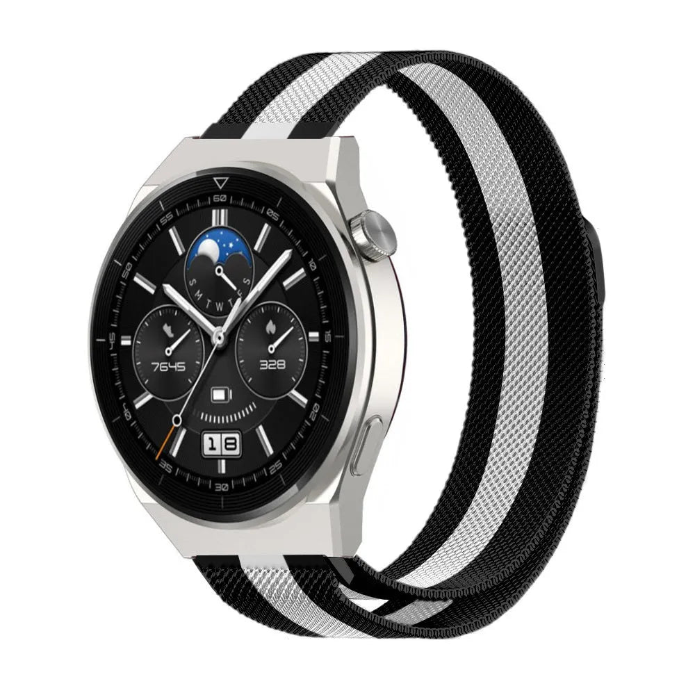 Milanese Strap, black/white, on a watch, 3/4 front view