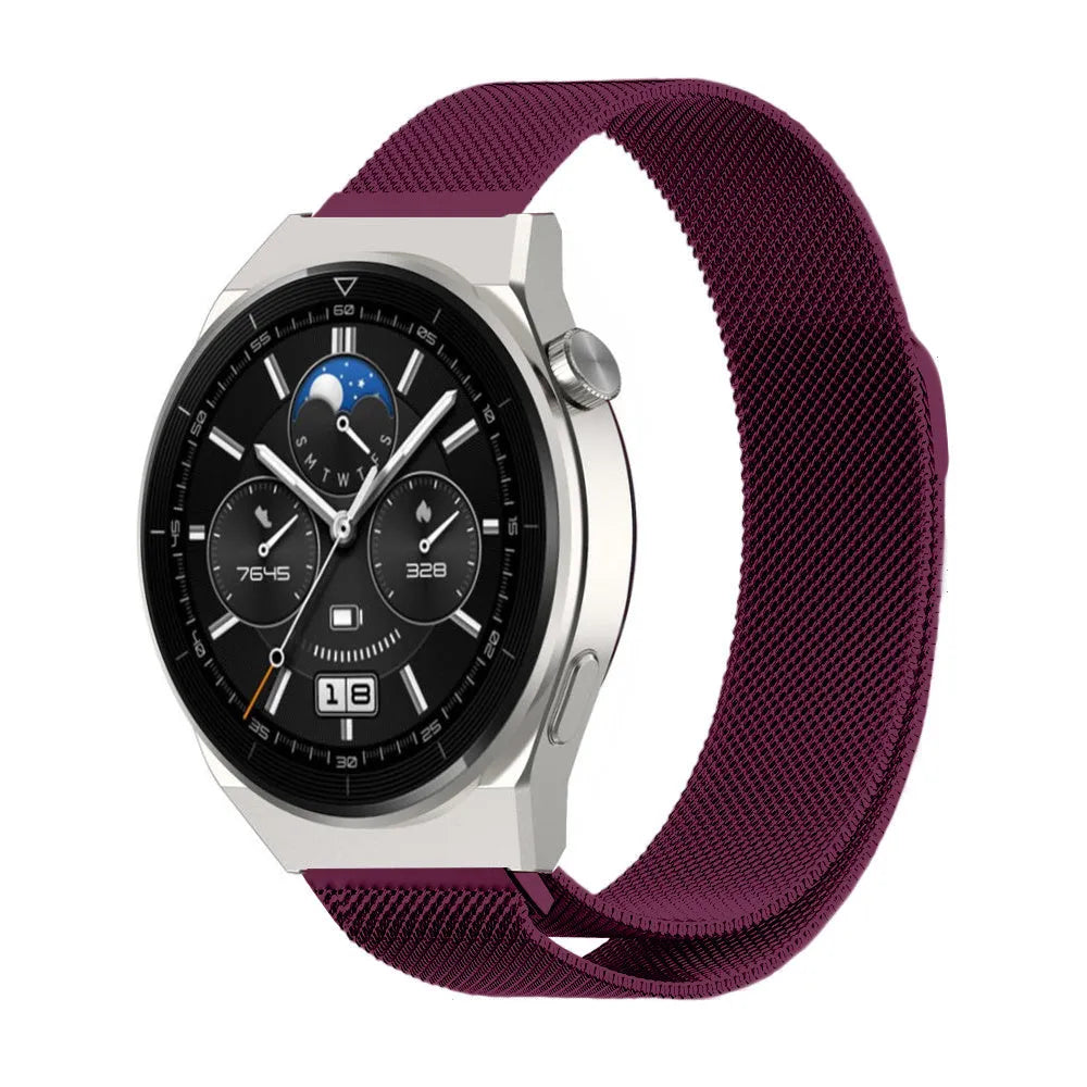 Milanese Strap, purple, on a watch, 3/4 front view