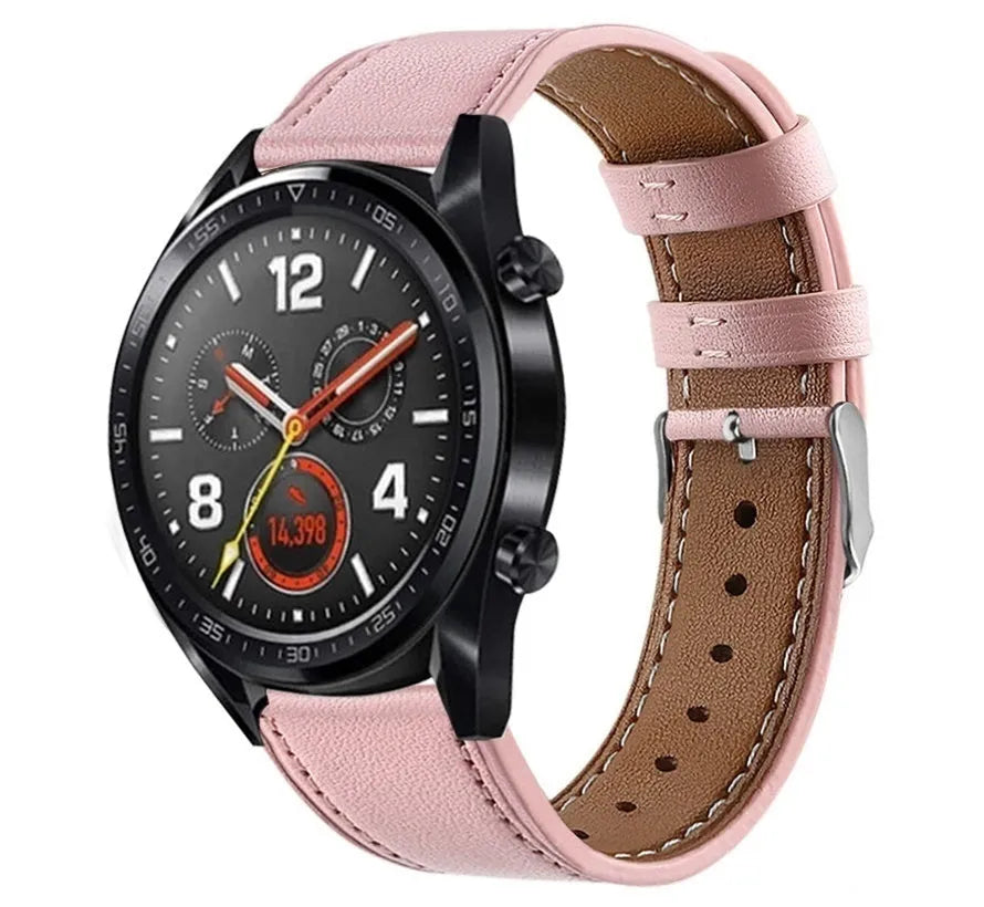 Modern Leather Strap, pink, on a watch, 3/4 front view