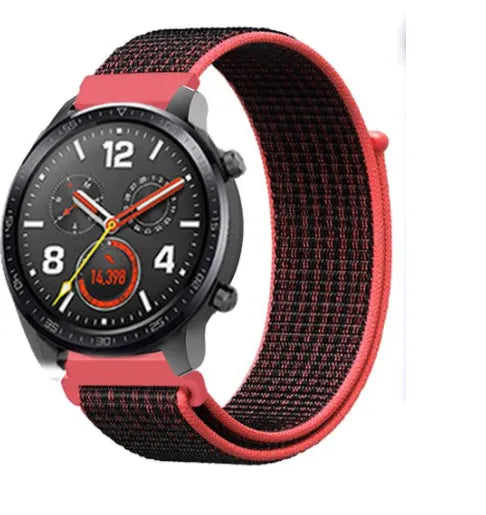 Nylon Strap, black/coral, on a watch, 3/4 front view