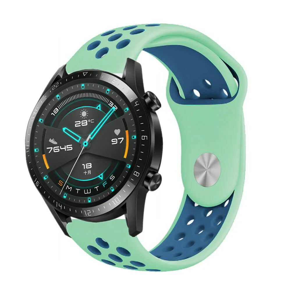 Silicone Sport Strap, aqua/blue, on a watch, 3/4 front view