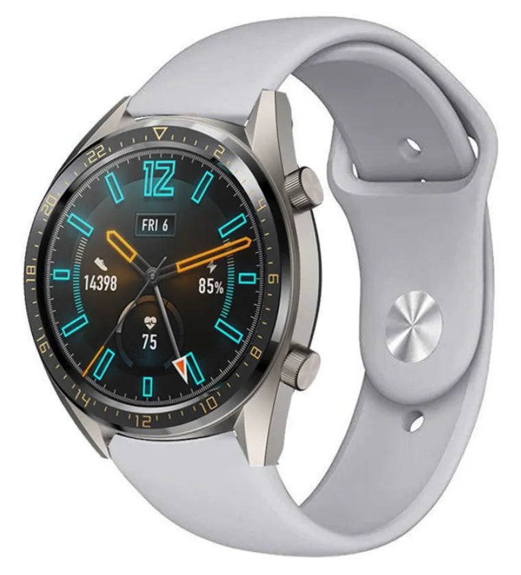 Silicone Sport Strap, grey, on a watch, 3/4 front view