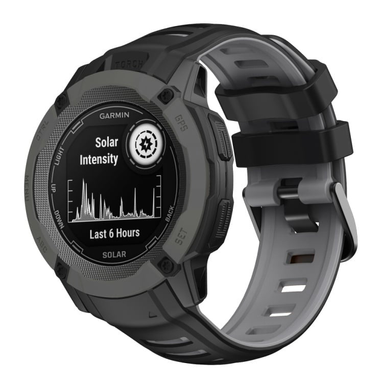 Silicone Sport Strap, black/grey, on a watch, 3/4 front view