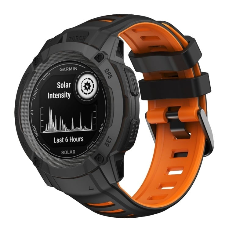 Silicone Sport Strap, black/orange, on a watch, 3/4 front view