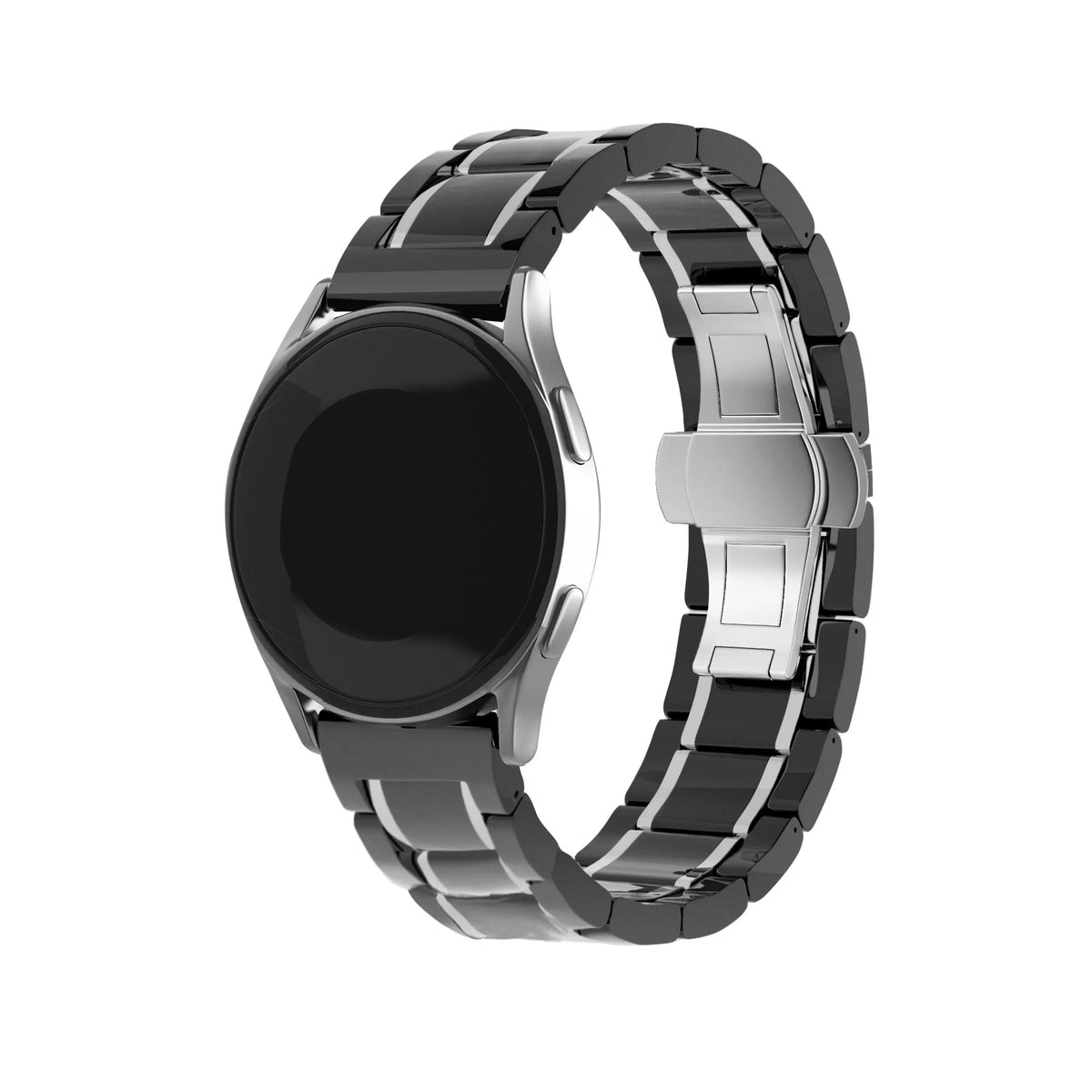 Metal Ceramic Link Strap, black/silver, on a watch, 3/4 front view
