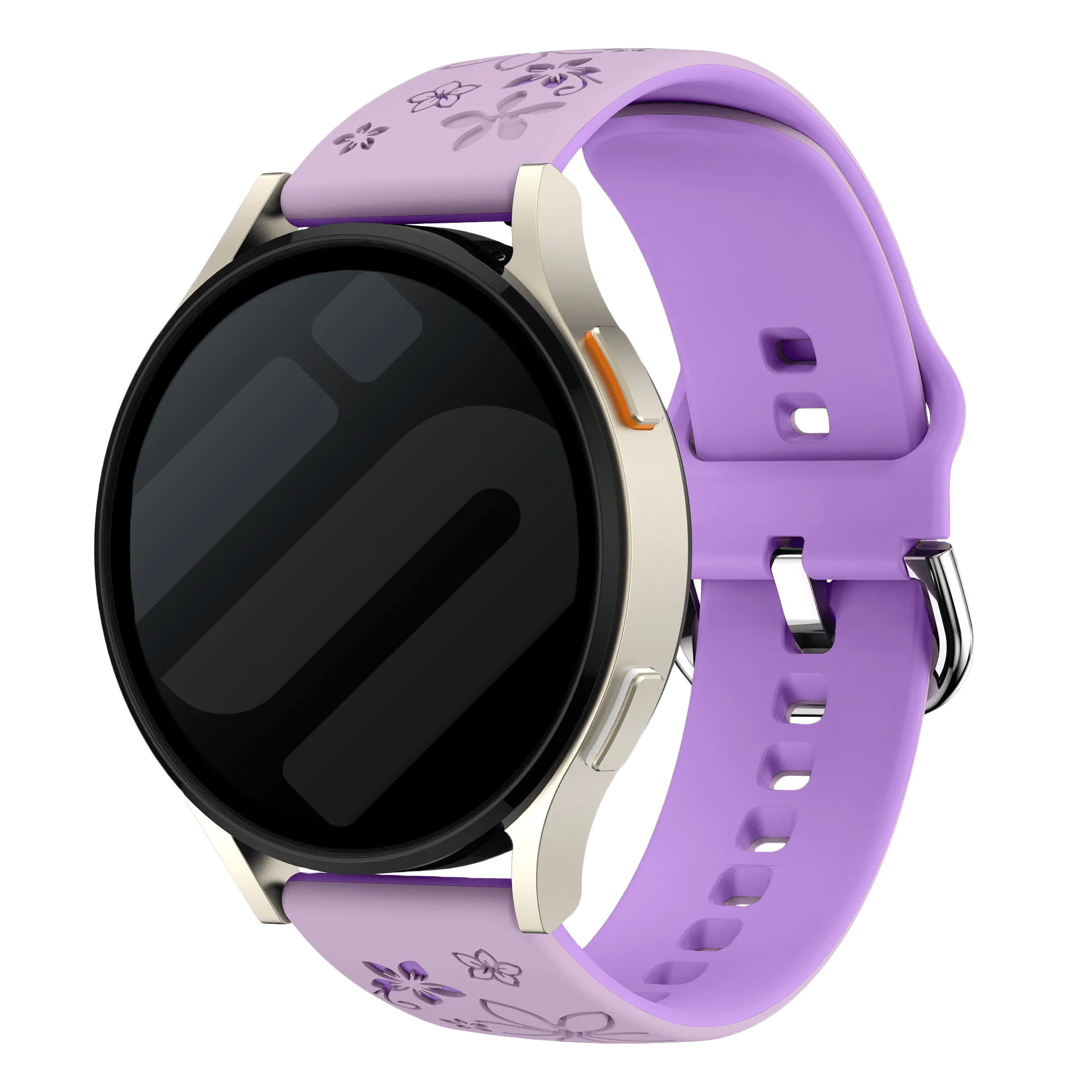 Flower Silicone Strap, lavender/purple, on a watch, 3/4 front view