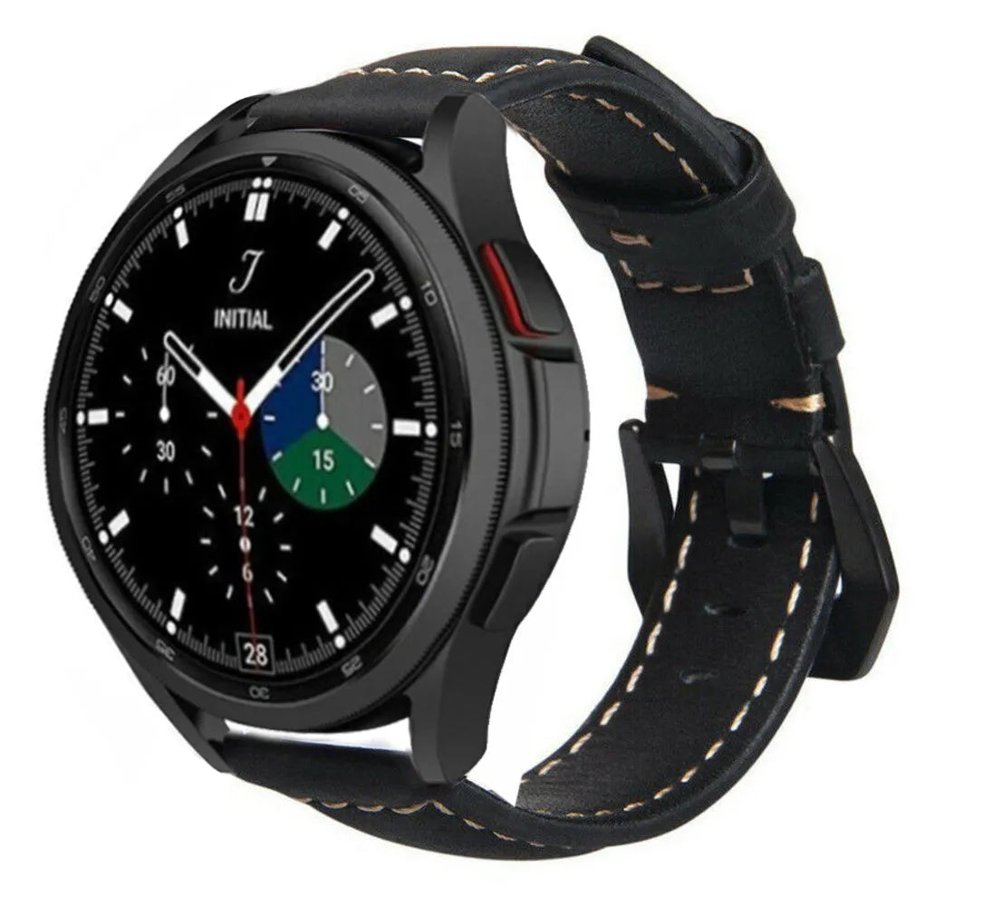 Leather Strap, black, on a watch, 3/4 front view