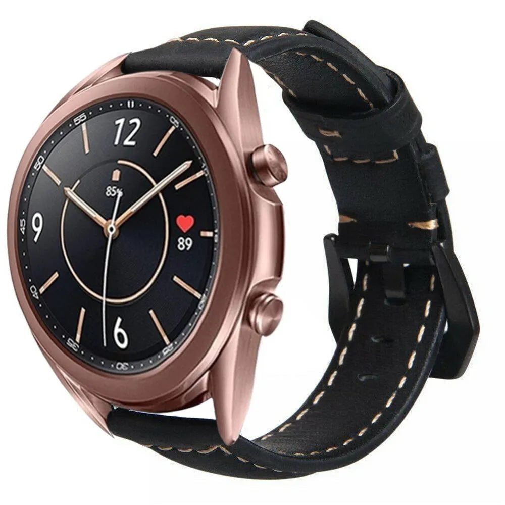 Leather Strap, black, on a watch, 3/4 front view