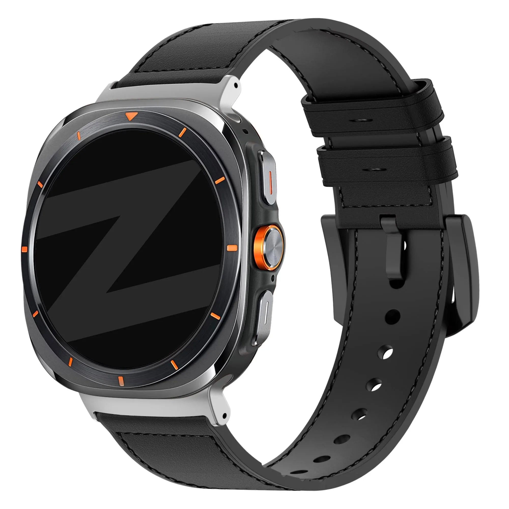 Leather Hybrid Strap with Buckle, black, on a watch, 3/4 front view