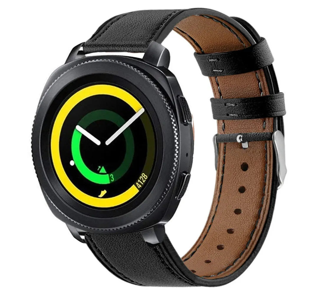 Modern Leather Strap, black, on a watch, 3/4 front view