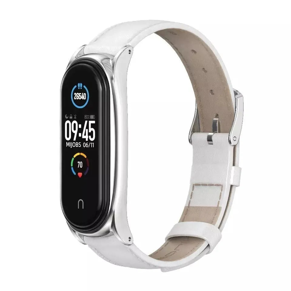 Modern Leather Strap, white, on a watch, 3/4 front view