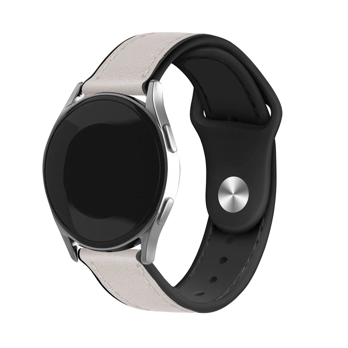 Leather Hybrid Strap, white, on a watch, 3/4 front view