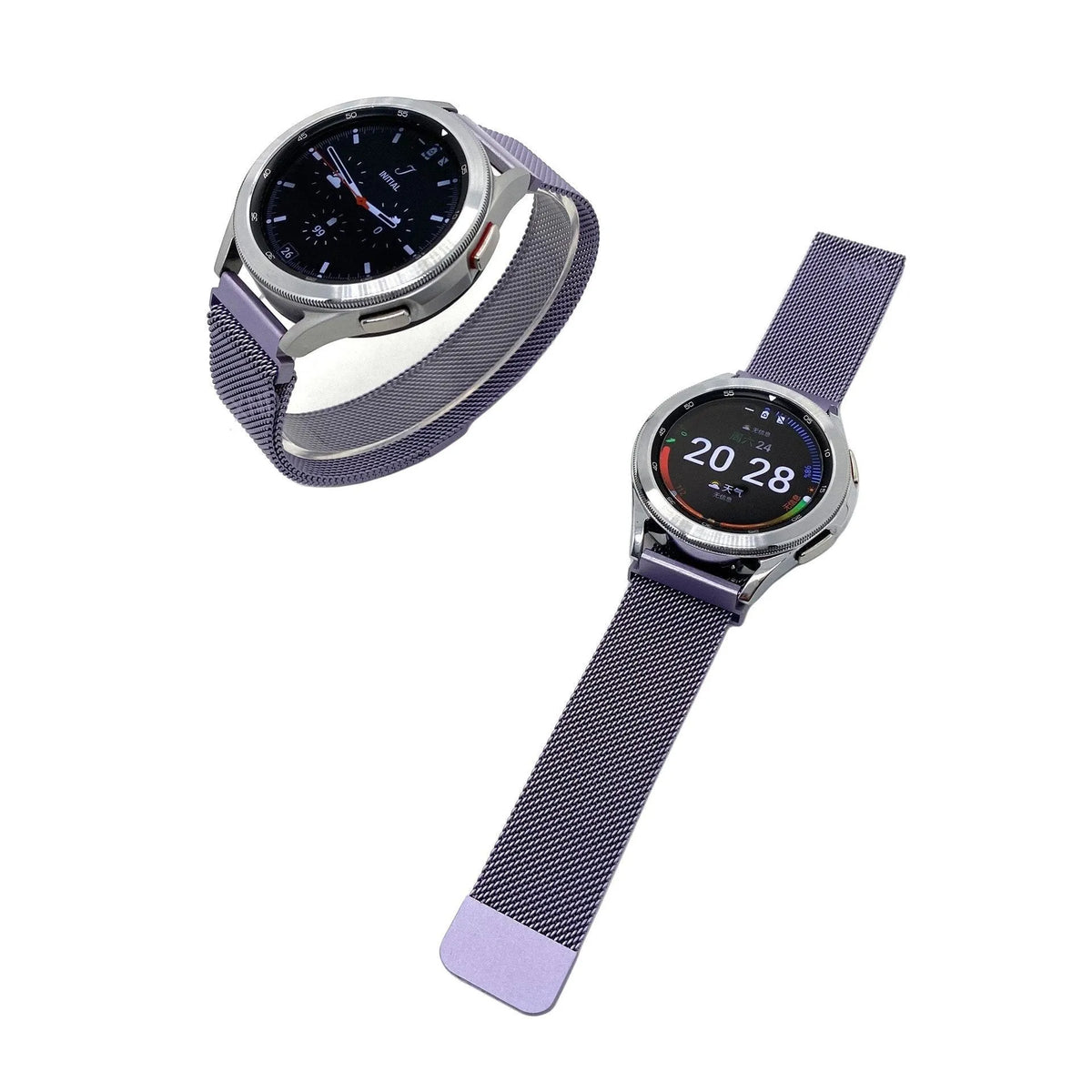 Milanese Strap, light purple, on a watch, 3/4 front view