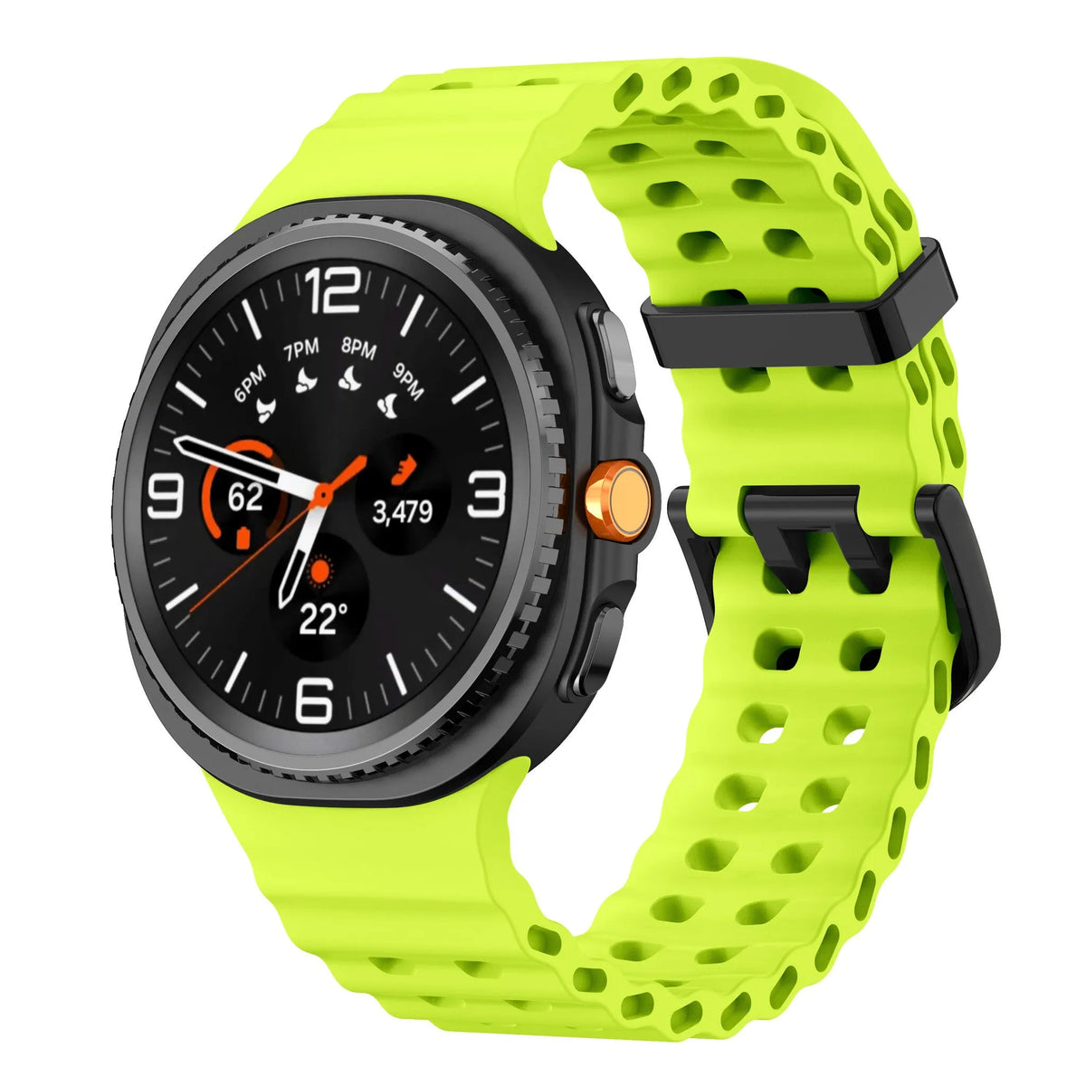 Silicone Ocean Strap, lime, on a watch, 3/4 front view