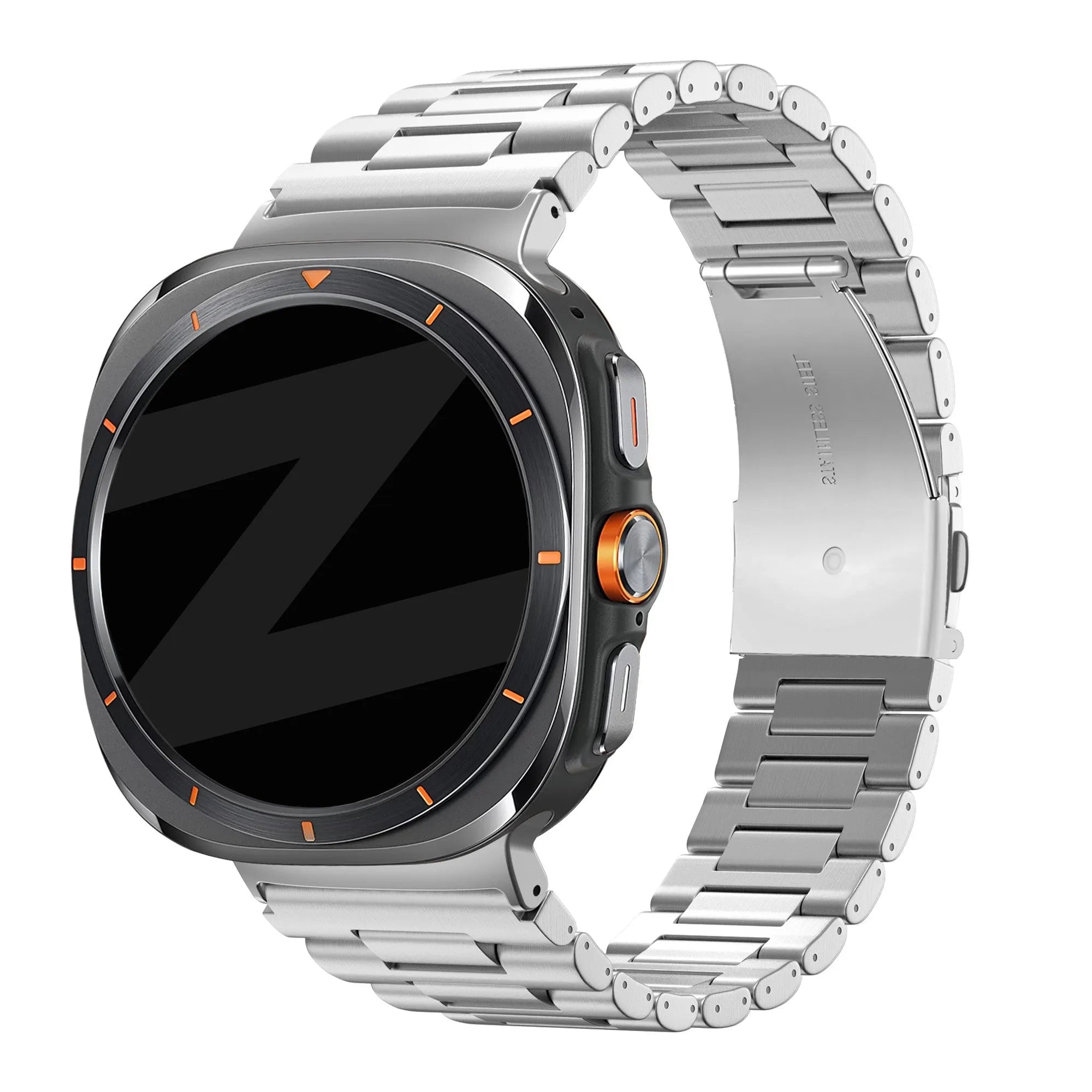 Steel Link Strap 'Deluxe', silver, on a watch, 3/4 front view