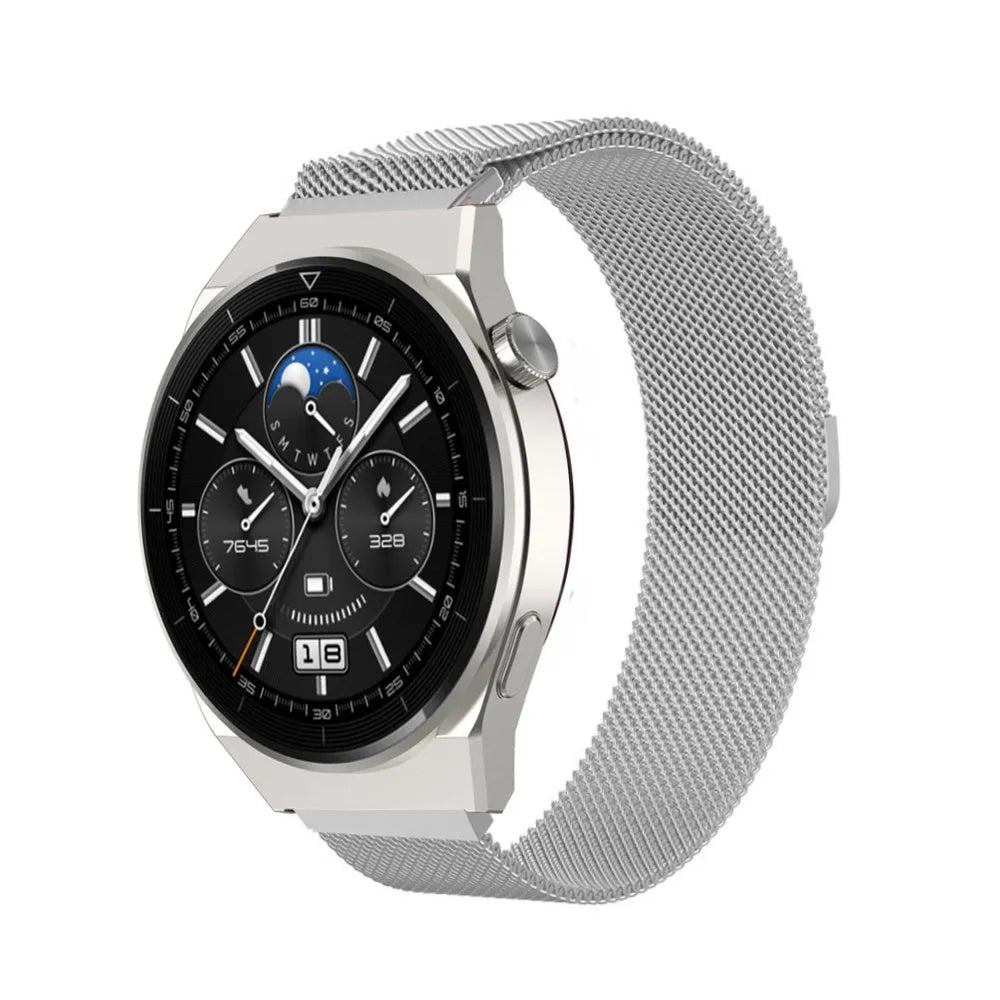 Milanese Strap, silver, on a watch, 3/4 front view