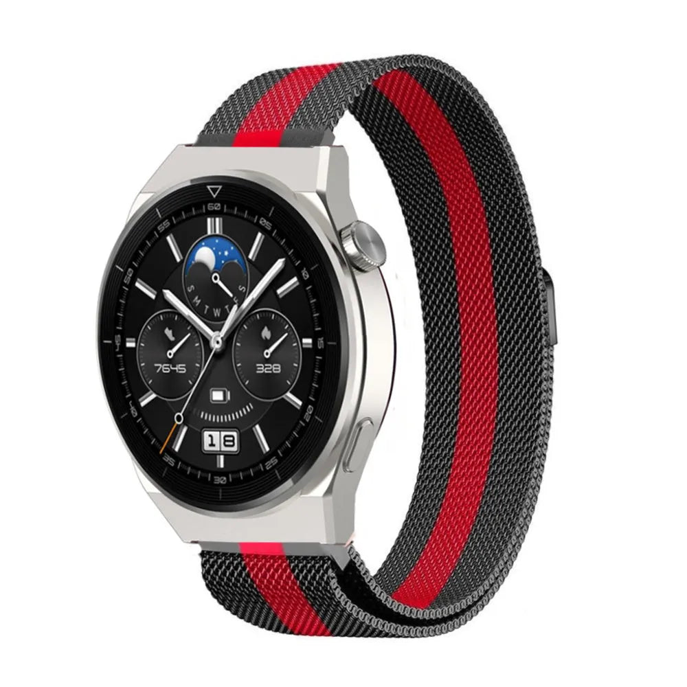 Milanese Strap, black/red, on a watch, 3/4 front view