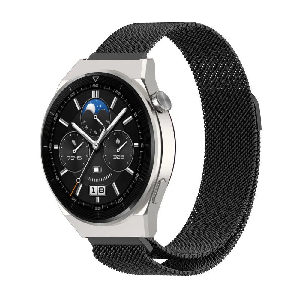 Milanese Strap, black, on a watch, 3/4 front view