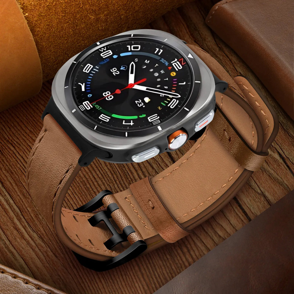 Double Pin Leather Strap, brown, on a watch, 3/4 front view