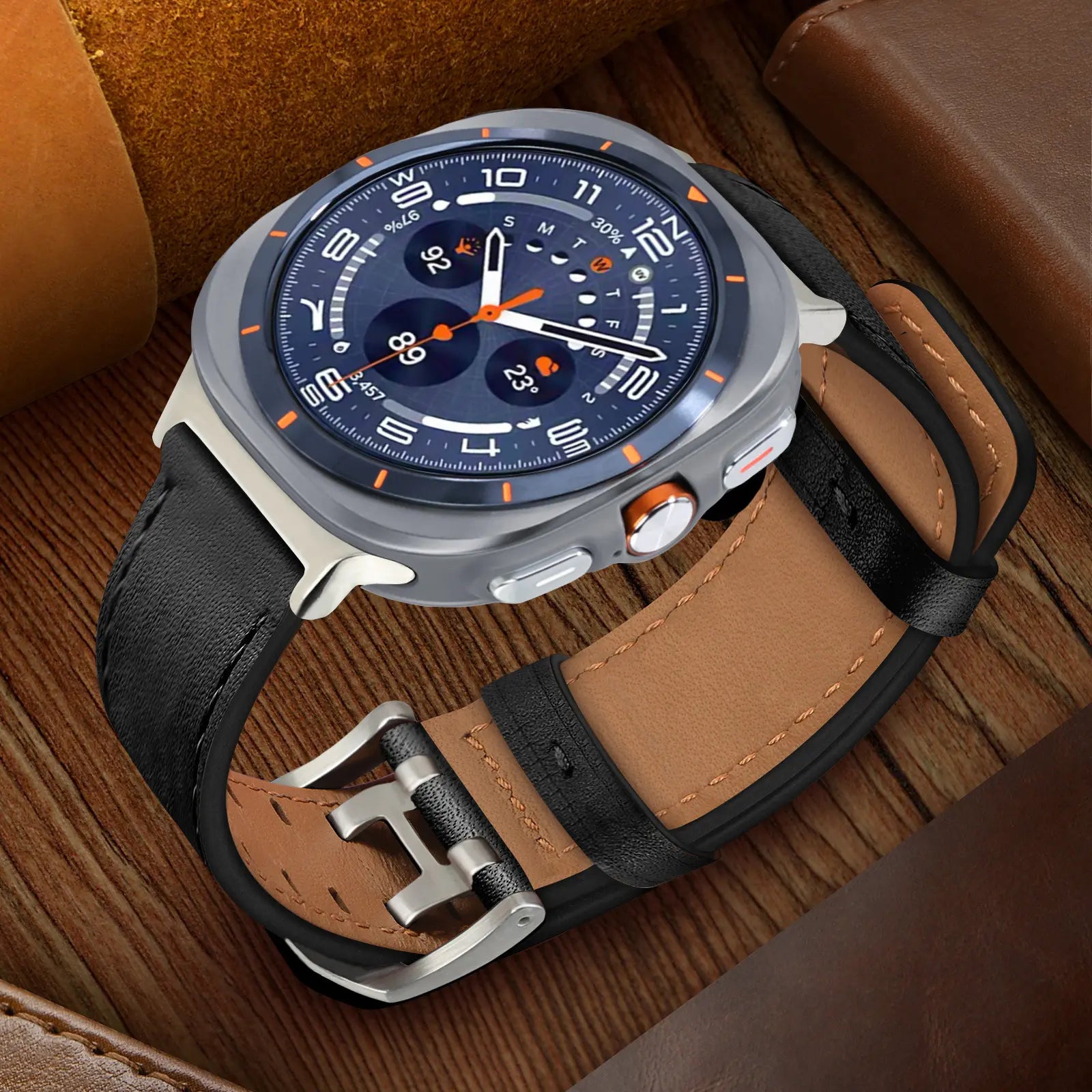 Double Pin Leather Strap, black, on a watch, 3/4 front view