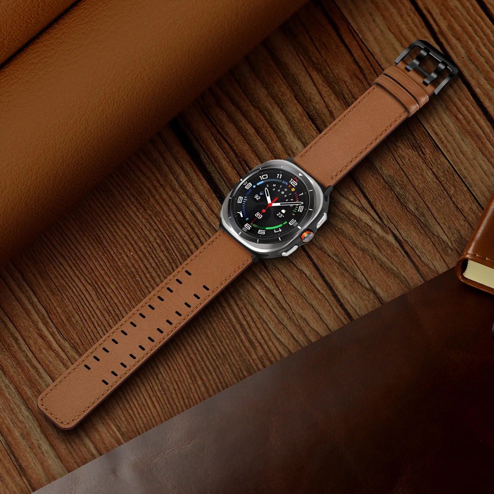 Double Pin Leather Strap, brown, on a watch, 3/4 front view