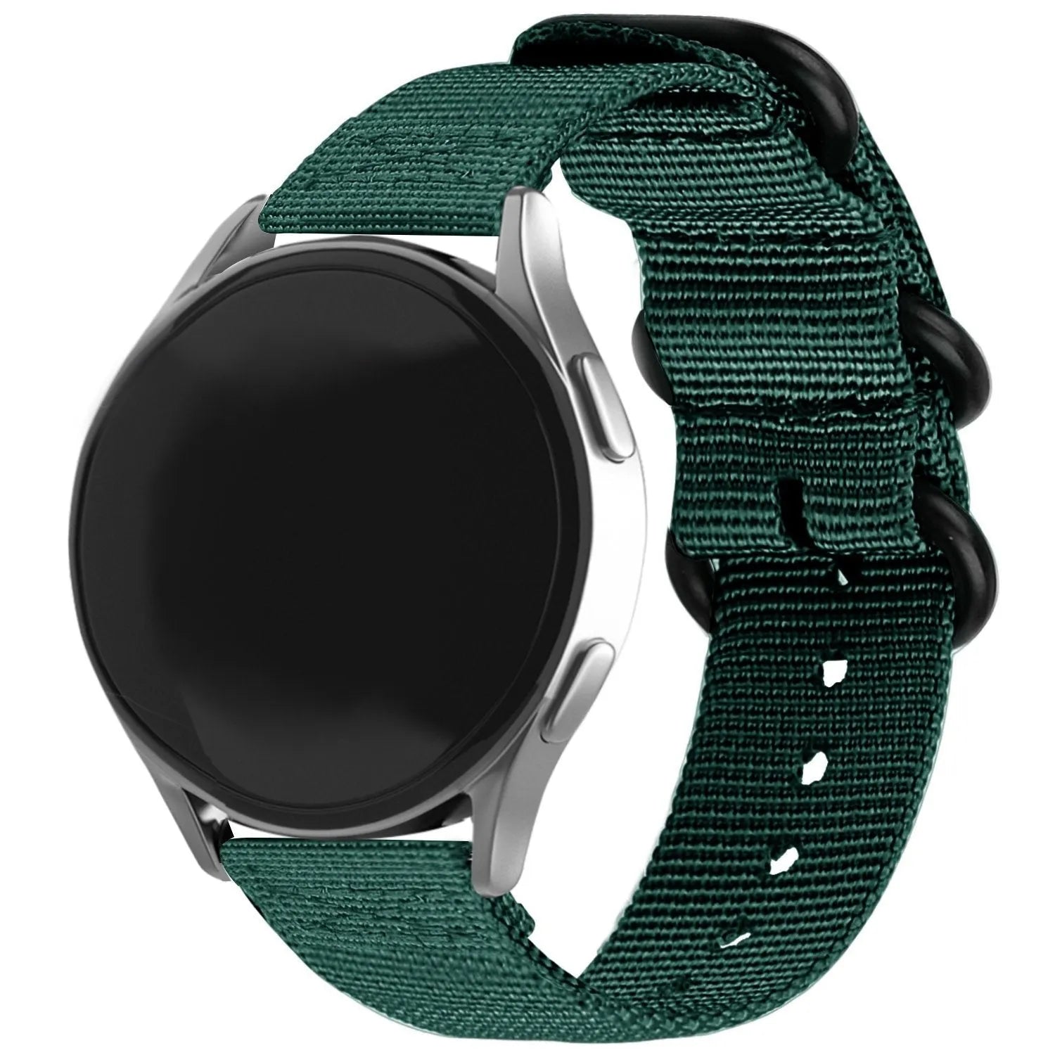 Nylon Buckle Strap, dark green, on a watch, 3/4 front view