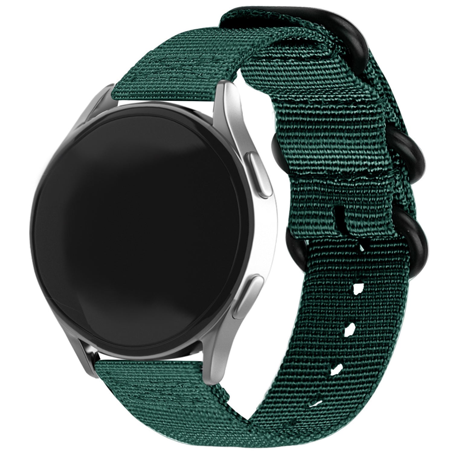 Nylon Buckle Strap, dark green, on a watch, 3/4 front view