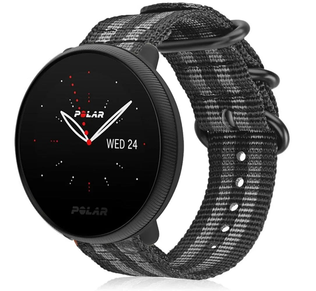 Nylon Buckle Strap, black/grey, on a watch, 3/4 front view