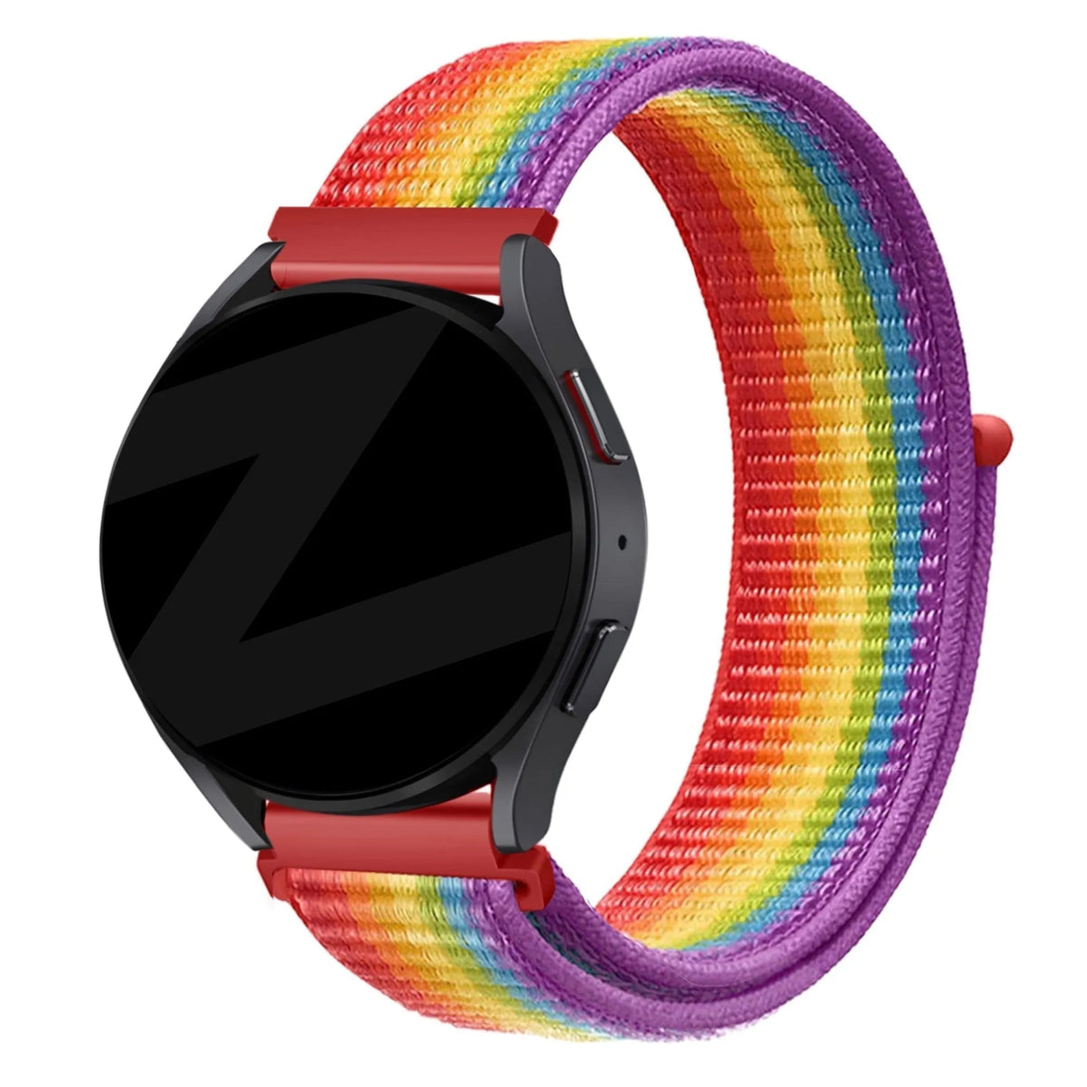 Nylon Loop Strap, rainbow, on a watch, 3/4 front view