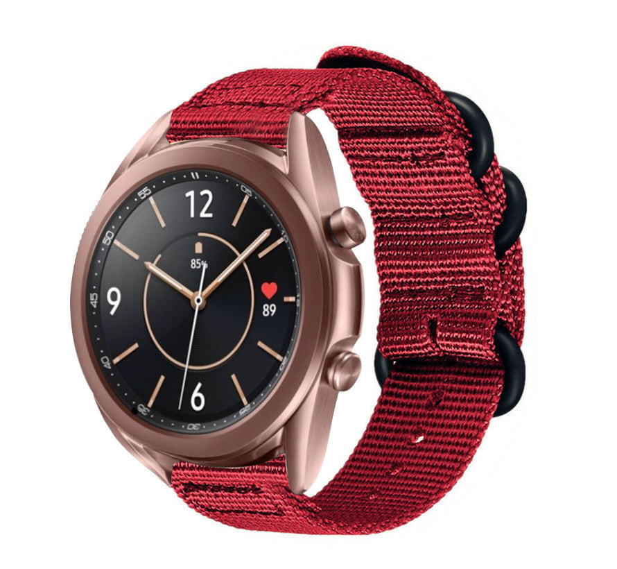 Nylon Buckle Strap, red, on a watch, 3/4 front view