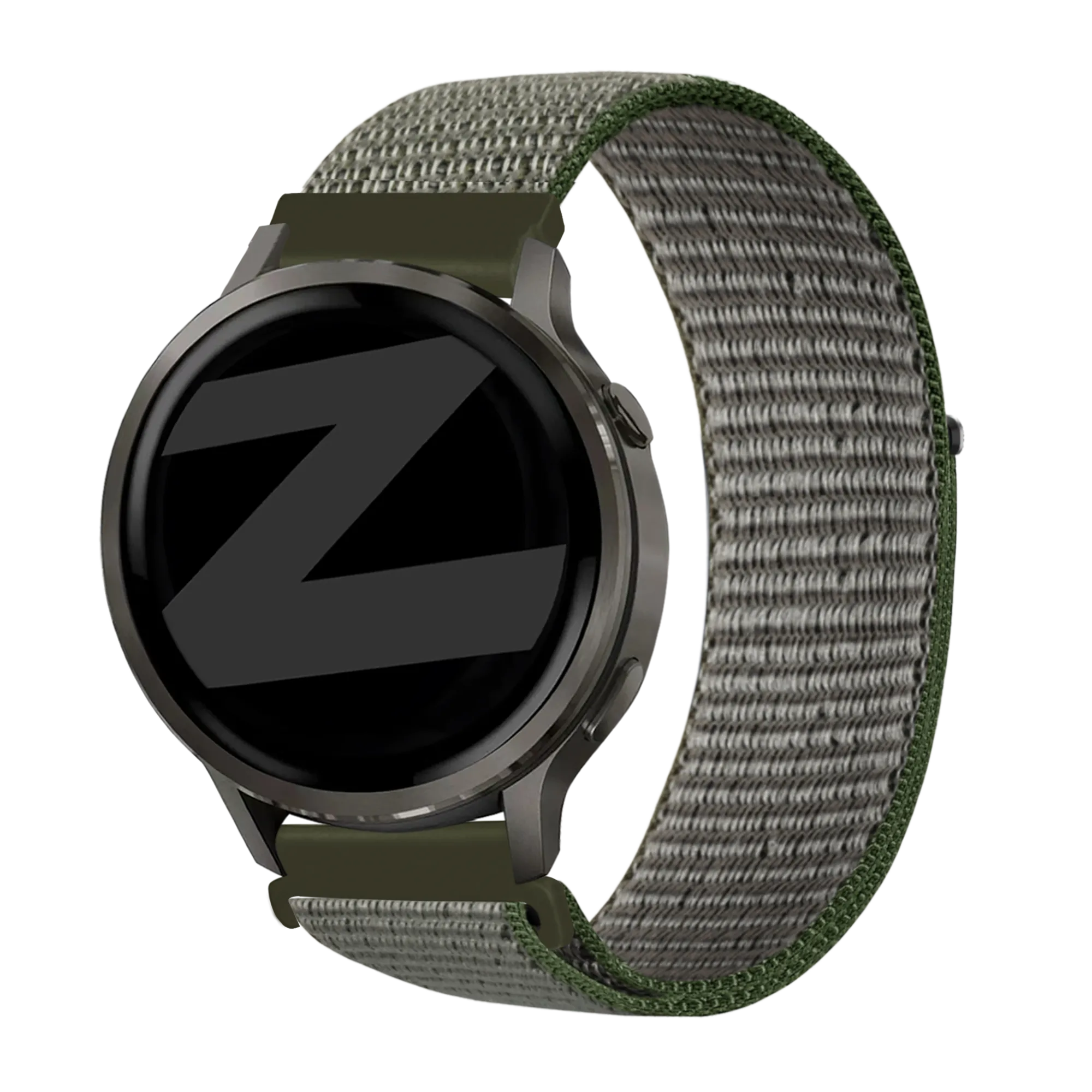 Nylon Loop Strap, olive green, on a watch, 3/4 front view