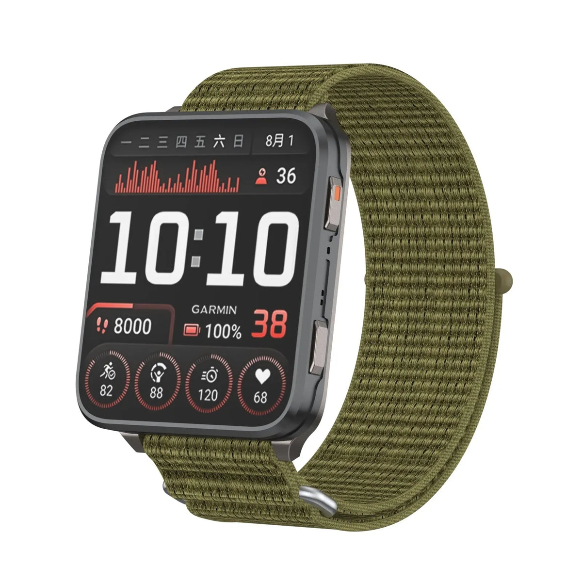 Nylon Strap, olive green, on a watch, 3/4 front view