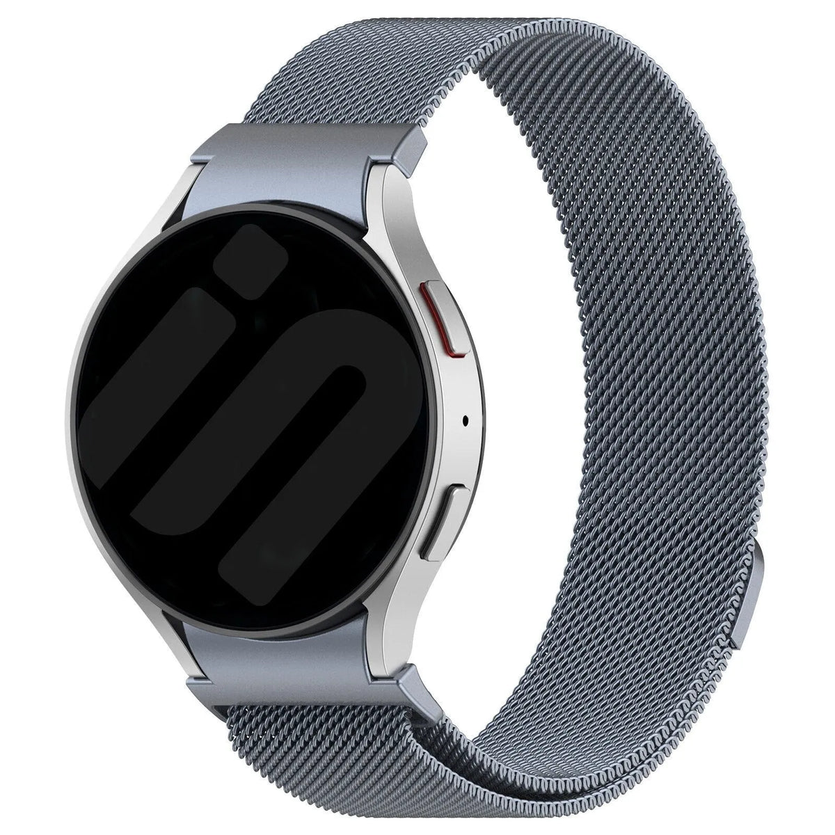 Milanese Strap 'One Push', space grey, on a watch, 3/4 front view