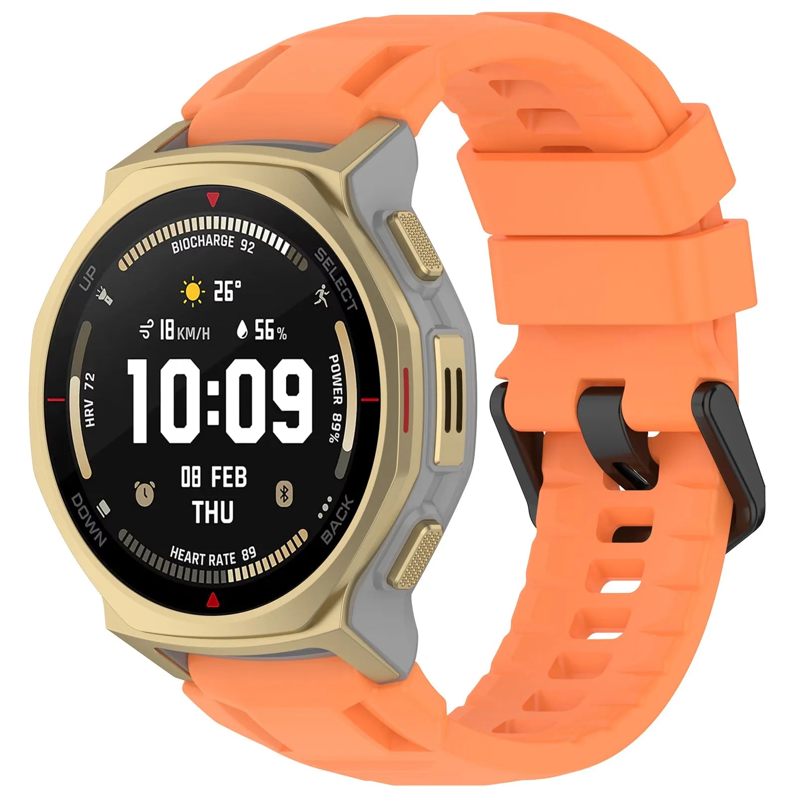 Silicone Strap, orange, on a watch, 3/4 front view