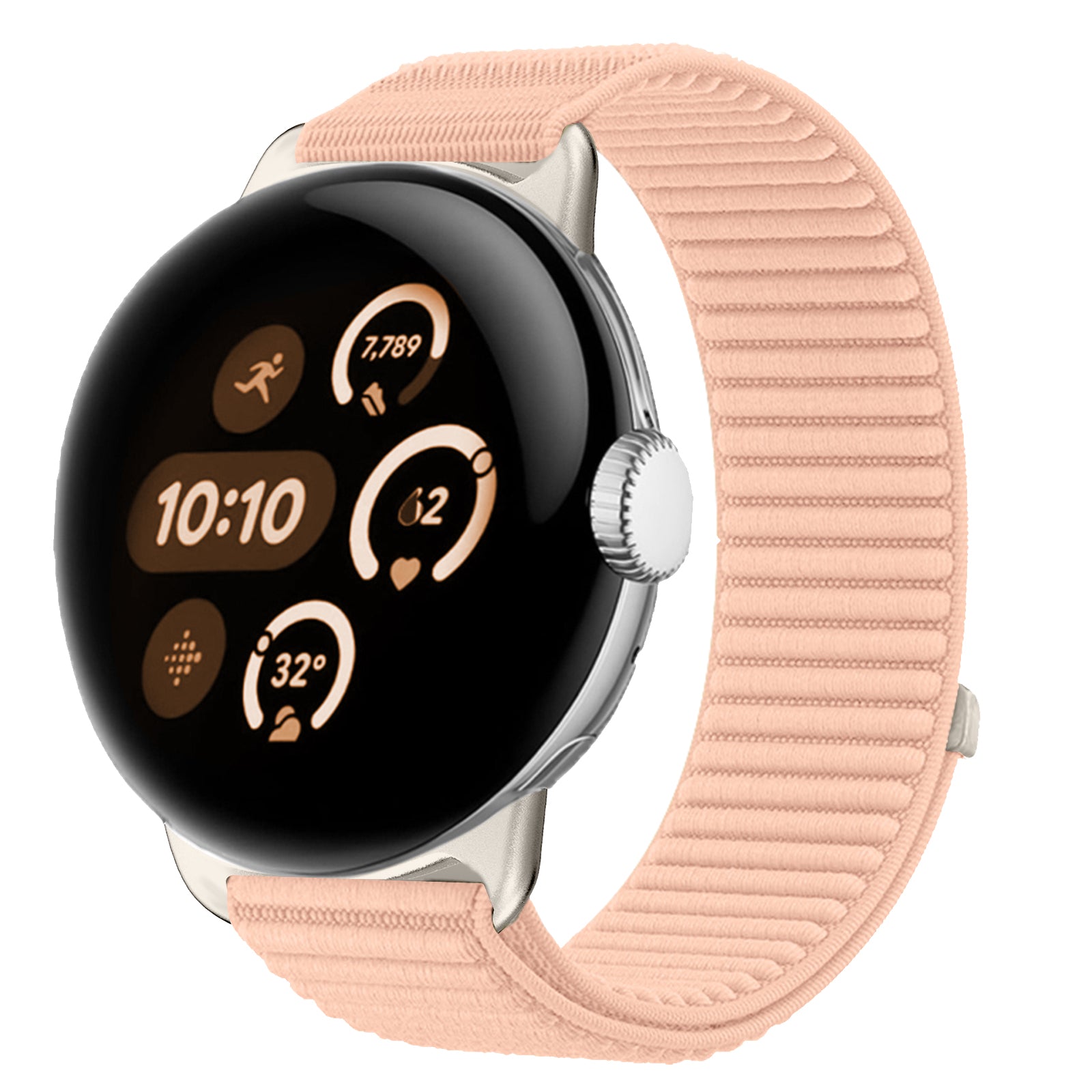 Wave Nylon Strap, pink, on a watch, 3/4 front view