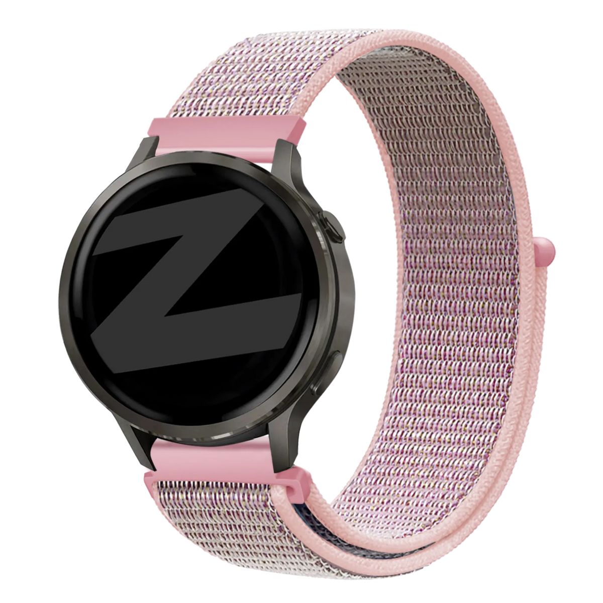 Nylon Loop Strap, pink, on a watch, 3/4 front view